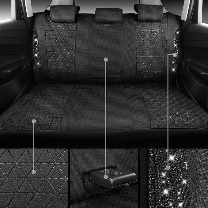 CAR PASS Oxford Bling Diamond Car Seat Covers Full Set Interior Sets, Waterproof Shining Glitter Sparkly Crystal Universal Armrest Fit 95% Automotive Truck SUV Cute Women Girl, All Black Rhinestone - Image 6