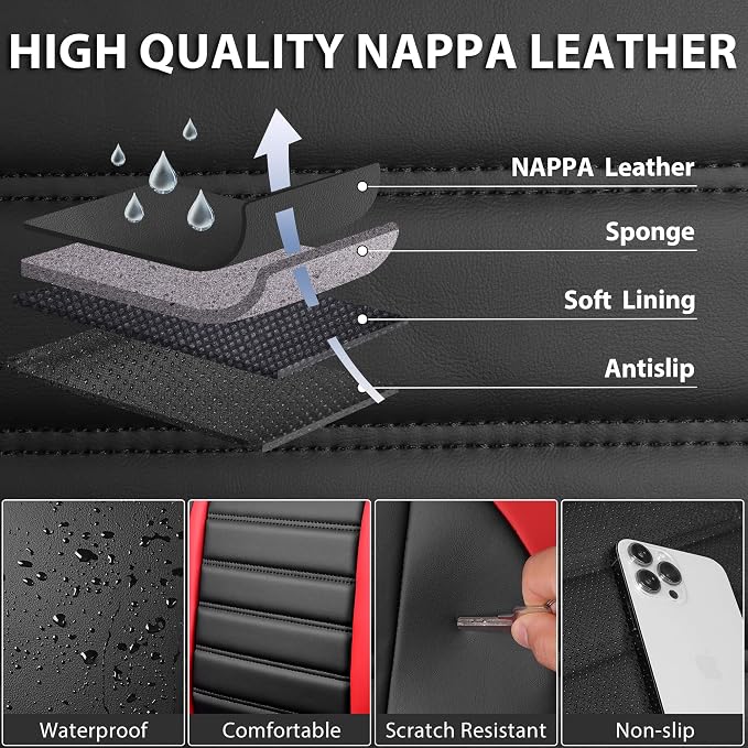 CAR PASS Nappa Leather Car Seat Covers Front Seats, Luxury Seat Protector for Cars, Waterproof Anti-Slip Seat Cushion Armrest Compatible Airbag Universal for Sedan SUV Pick-up Truck Auto, Black Red - Image 3