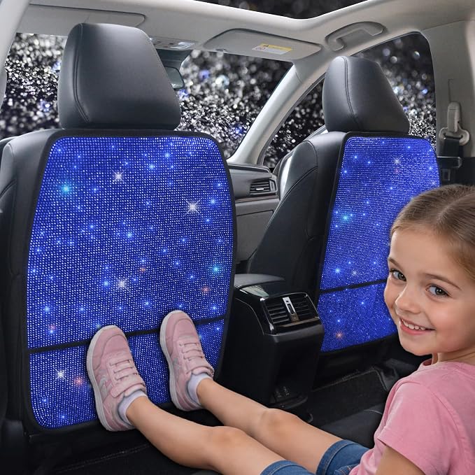 Sparkling Diamond Car Seat Kick Protectors with Storage, Crystal Kick Mats for Car Seats with Bling Rhinestones, Universal Fit Luxury Auto Accessories for Women Girls and Ladies Blue 2pcs by Pirador