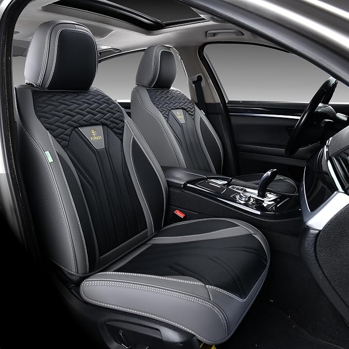 Leather Seat Covers, Seat Covers Full Set, Car Seat Protectors 5 Seats, Automotive Seat Covers Fit for Most Cars Trucks SUV- Gray&Black - Image 2