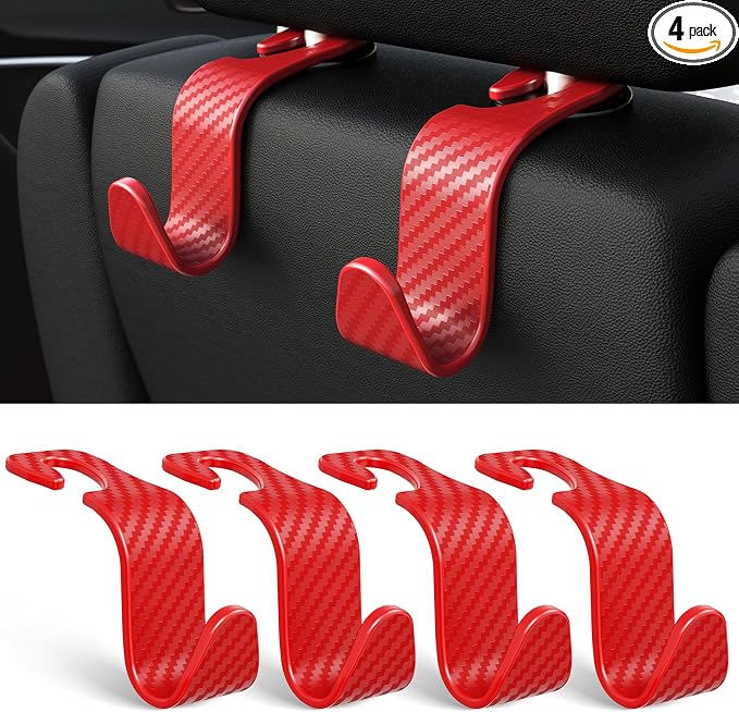 4-Pack Car Headrest Hooks Holds 55lbs Seat Storage Organizer for Bags | Durable ABS Material, 360° Rotating, Car Hanger for Backpack Umbrella Water Bottle Coat Handbags Groceries, Checkered Red by Amooca