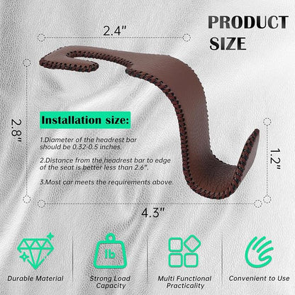 Car Seat Headrest Hook 55lb Heavy Duty Metal Hanger with Leather for Bags | Universal Fit car SUV Truck, Premium Microfiber Leather, Metal Core, Hang Purses Groceries Handbag Backpack, 4 Pack Brown - Image 7