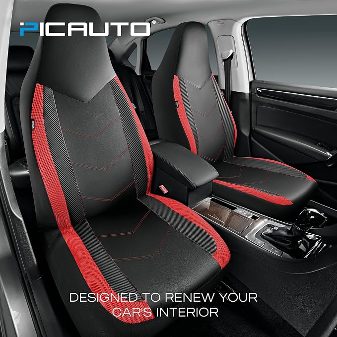 PIC AUTO Leather Car Seat Covers, Sports Carbon Fiber & Mesh Design, High-Back Two Front Set, Waterproof Automotive Seat Covers, Airbag Compatible, Universal Fit for Most Cars (Black & Red) - Image 2