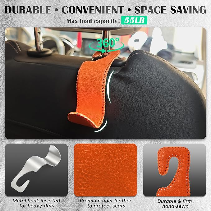 Car Seat Headrest Hook 55lb Heavy Duty Metal Hanger with Leather for Bags | Universal Fit car SUV Truck, Premium Microfiber Leather, Metal Core, Hang Purses Groceries Handbag Backpack, 2 Pack Orange - Image 3