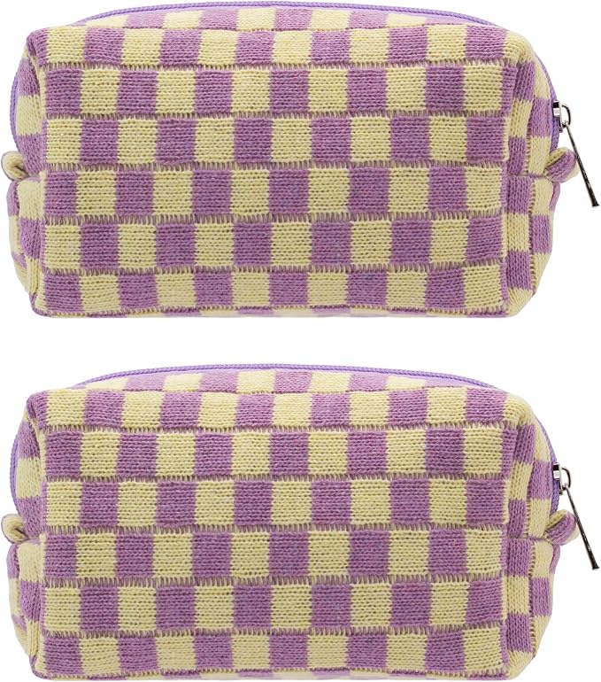 Checkered Makeup Bag for Purse, Small Travel Cosmetic Pouch,Purple,2 Pack | Cute Zipper Makeup Organizer for Women, Travel Essentials, Toiletries, Makeup Brushes, Beauty Accessories&Bridesmaid Gifts by PAZIMIIK
