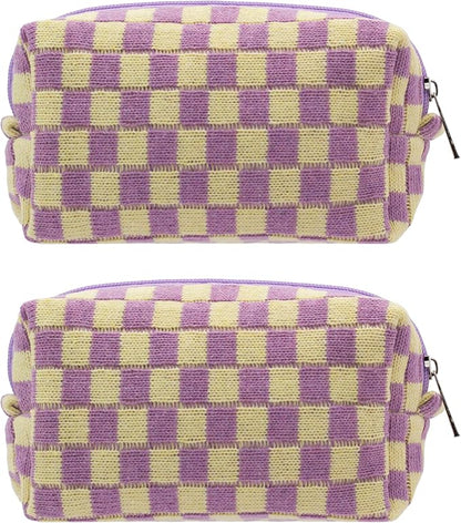 Checkered Makeup Bag for Purse, Small Travel Cosmetic Pouch,Purple,2 Pack | Cute Zipper Makeup Organizer for Women, Travel Essentials, Toiletries, Makeup Brushes, Beauty Accessories&Bridesmaid Gifts by PAZIMIIK