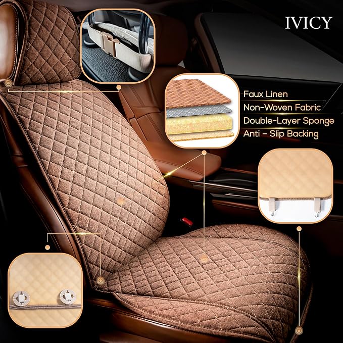 Faux Linen Front Car Seat Cover, Seat Protector, 1 Unit, Light Brown | Non-Slip Bucket Sear Cover for Most Cars, SUVs, Vans & Trucks – Machine Washable, Side-Airbag Friendly - Image 2