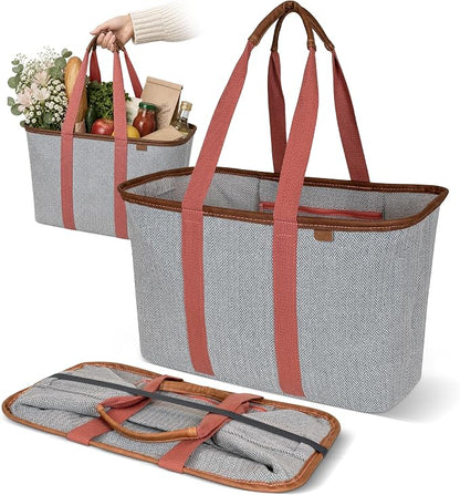 CleverMade Collapsible Tote LUXE, 30L Structured Tote Bag with Handles | Pack It All Without the Floppy-Bag Fight | Steel Rim Stays Open, Soft Grips Carry 30 lb, and Tote Folds to 1.5 Inches by CleverMade