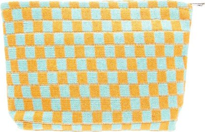 Checkered Makeup Bag for Purse, Small Flat Cosmetic Pouch,Orange Green | Cute Zipper Makeup Organizer for Women, Travel Essentials, Toiletries, Makeup Brushes, Beauty Accessories&Bridesmaid Gifts by PAZIMIIK