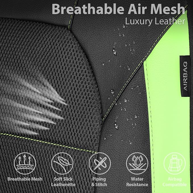 CAR PASS Leather Car Seat Covers Front Seats only, with Air Mesh Front Seat Covers Breathable, Cool Automotive Seat Covers 2 Pack, Universal Fit Most Cars,SUV,Truck,Van Airbag Compatible(Black Green) - Image 4