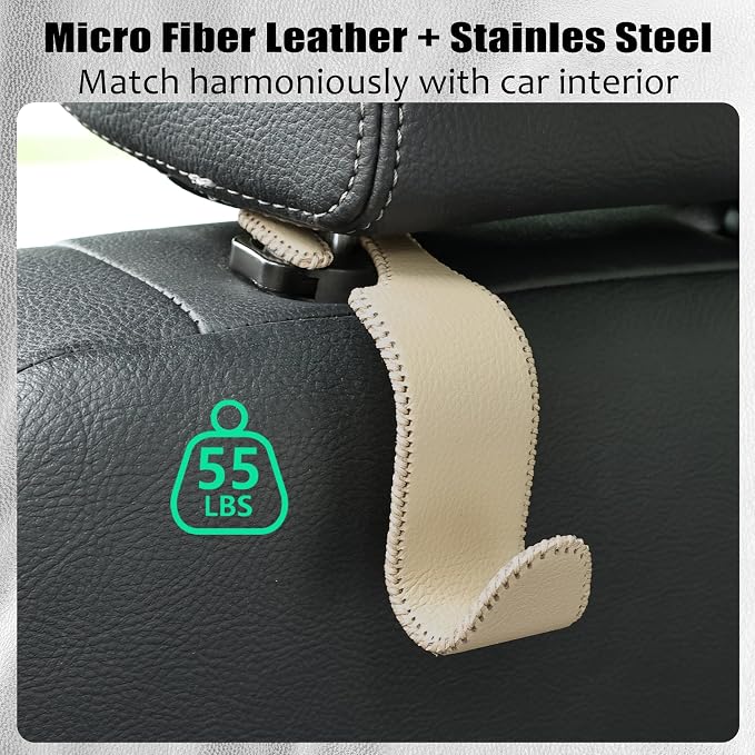 Car Seat Headrest Hook 55lb Heavy Duty Metal Hanger with Leather for Bags | Universal Fit car SUV Truck, Premium Microfiber Leather, Metal Core, Hang Purses Groceries Handbag Backpack, 2 Pack Beige - Image 5