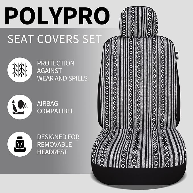 HAIYAOTIMES Baja Saddle Blanket Car Seat Covers Full Set with Seat Belt Pads, Washable Breathable Seat Covers for Cars, Universal Fit Interior Covers for Most Cars, Airbag Compatible, Black/White - Image 4