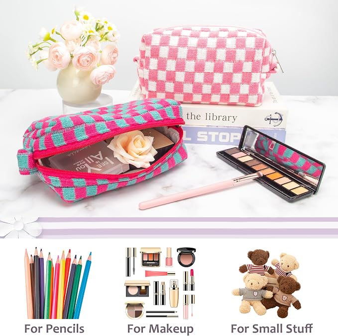Checkered Makeup Bag for Purse, Small Cosmetic Pouch,Magenta Green,2 Pack | Cute Zipper Makeup Organizer for Women, Travel Essentials, Toiletries, Makeup Brushes, Beauty Accessories&Bridesmaid Gifts - Image 5