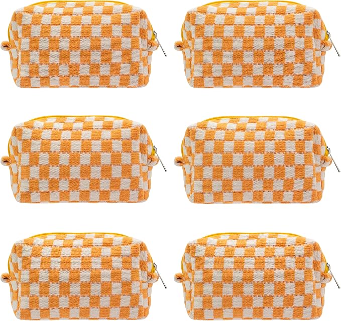 Checkered Makeup Bag for Purse, Small Travel Cosmetic Pouch,Orange,6 Pack | Cute Zipper Makeup Organizer for Women, Travel Essentials, Toiletries, Makeup Brushes, Beauty Accessories&Bridesmaid Gifts by PAZIMIIK