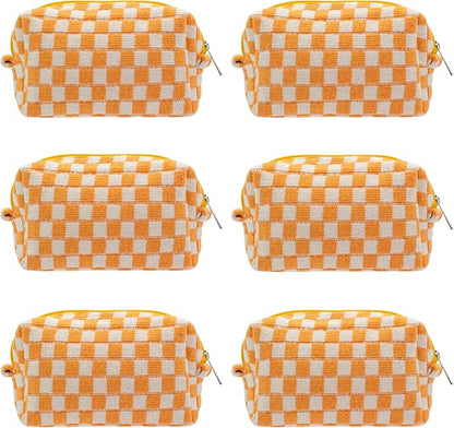 Checkered Makeup Bag for Purse, Small Travel Cosmetic Pouch,Orange,6 Pack | Cute Zipper Makeup Organizer for Women, Travel Essentials, Toiletries, Makeup Brushes, Beauty Accessories&Bridesmaid Gifts by PAZIMIIK