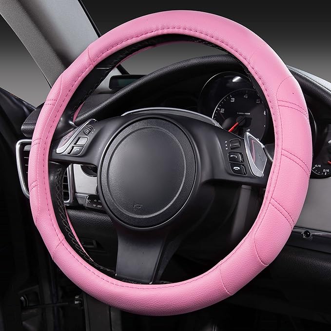 CAR PASS Line Rider Microfiber Leather Sporty 14.5-15 inch Car Steering Wheel Cover Universal Fits for 95% Cars Sedans SUV Trucks, Anti-Slip Safety Comfortable Design (Pure Pink) by CARPASS