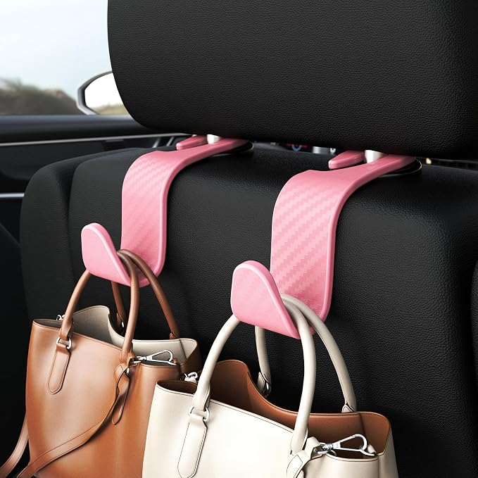 4-Pack Car Headrest Hooks Holds 55lbs Seat Storage Organizer for Bags | Durable ABS Material, 360° Rotating, Car Hanger for Backpack Umbrella Water Bottle Coat Handbags Groceries, Checkered Pink - Image 2