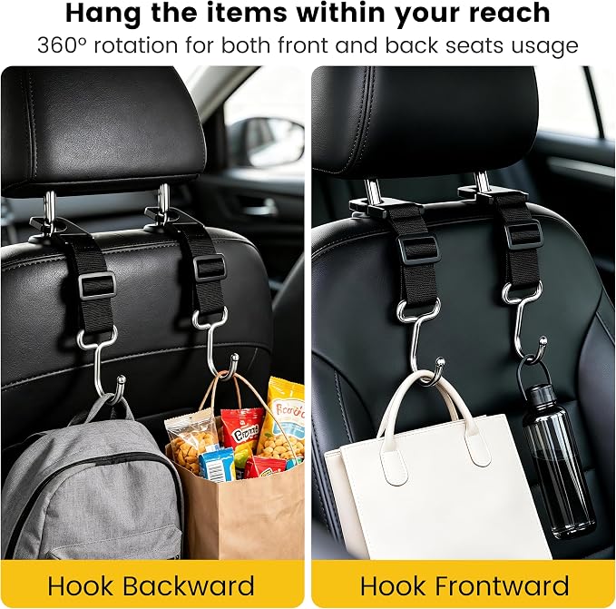Amooca 4 Pack Car Headrest Hooks, Adjustable Heavy Duty Metal Back Seat Hanger, Auto Purse Bag Holder for Vehicle Headrest - Image 5