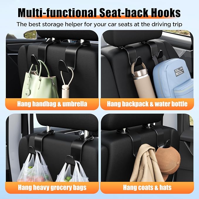 Amooca Car Seat Headrest Hooks 4-Pack Storage Organizer Holds 55 lbs | Universal Fit Most Car/SUV/Truck, Anti-drop, Hanger for Backpack Umbrella Water Bottle Coat Purses Handbags Groceries, Black - Image 3