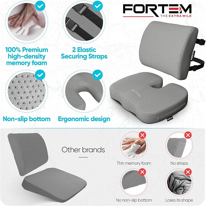 FORTEM Seat Cushion & Lumbar Support for Office Chair, Wheelchair, Car | Memory Foam | Ergonomic Design | Washable Cover | Non Slip | Grey - Image 7