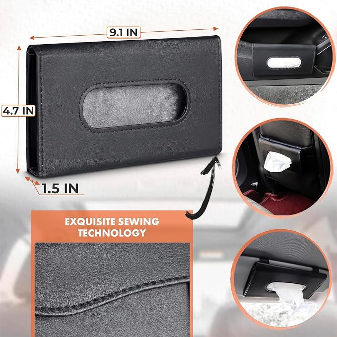 Car Tissue Holder Visor, 9.1×4.7x1.5, PU Leather, Napkin Storage | Car Visor Tissue Holder; Ergonomic Take-Out Port, Universal Fit, Refillable; Metal Clip Mount, Quick Install - Image 2
