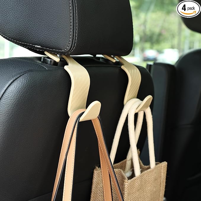 Car Seat Hooks 4 Pack - 55lb Heavy Duty Headrest Hanger, Beige | Universal fit for most cars SUVs,Hang purses handbags coats umbrellas grocery bags,ABS plastic,Easy Installation by Toiyason