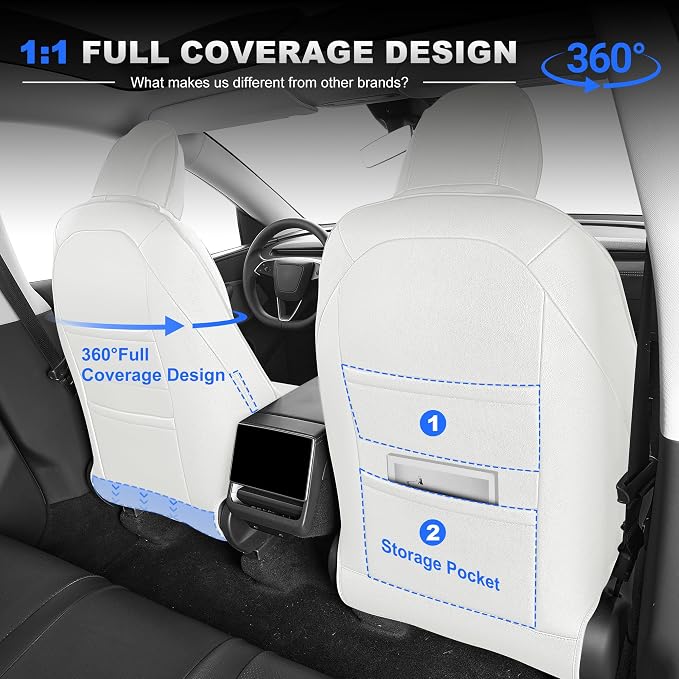 AOMSAZTO Seat Cover for Tesla Model Y 2020-2025 Not for Juniper/Performance | 4-Pieces Set with Seatbelt Cover,Steering Wheel Covers, Headrests,5 Seats Faux Leather Waterproof,Airbag Compatible-White - Image 7