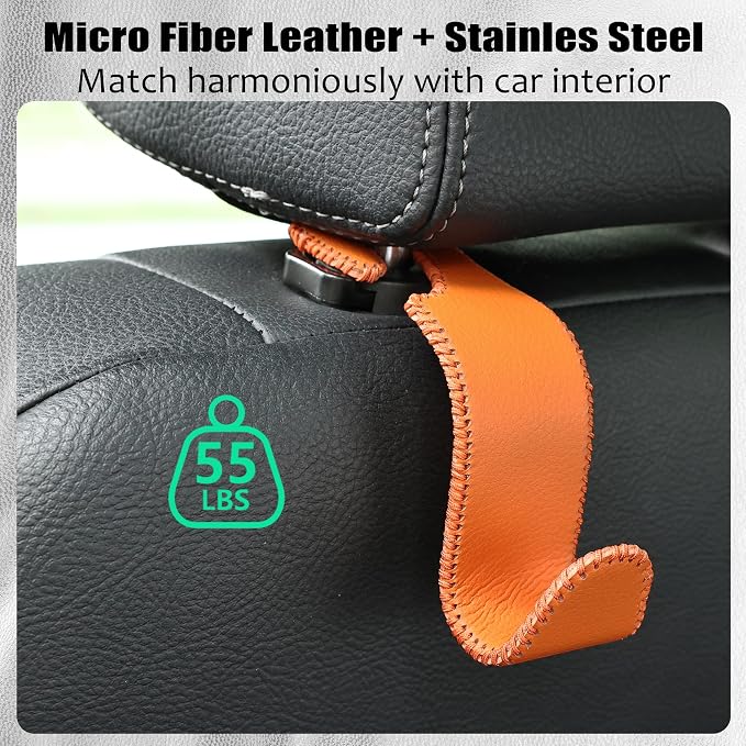 Car Seat Headrest Hook 55lb Heavy Duty Metal Hanger with Leather for Bags | Universal Fit car SUV Truck, Premium Microfiber Leather, Metal Core, Hang Purses Groceries Handbag Backpack, 2 Pack Orange - Image 5