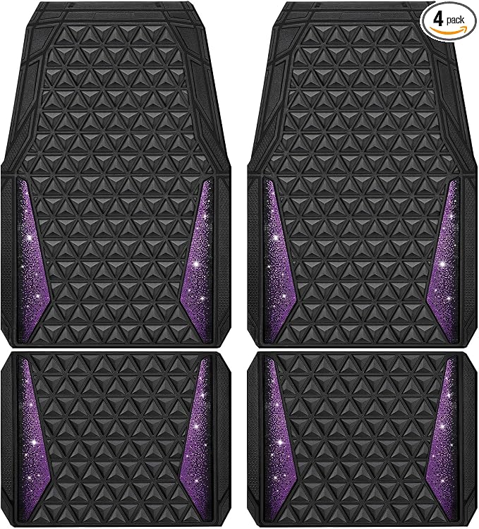 CAR PASS Bling Rubber Car Mats Diamond Floor Mats Full Set Anti-Slip 3D Rhombus Waterproof Universal Trim to Fit Liner Glitter Crystal Sparkly Shining Rhinestone Girl Women SUV Sedan Van, Black Purple by CARPASS