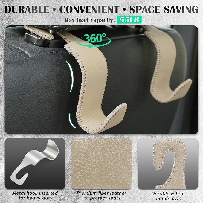 Car Seat Headrest Hook 55lb Heavy Duty Metal Hanger with Leather for Bags | Universal Fit car SUV Truck, Premium Microfiber Leather, Metal Core, Hang Purses Groceries Handbag Backpack, 4 Pack Beige - Image 3