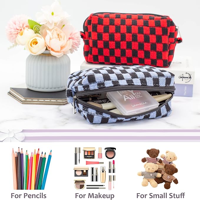 Checkered Makeup Bag for Purse, Small Travel Cosmetic Pouch,Blue Black | Cute Zipper Makeup Organizer for Women, Travel Essentials, Toiletries, Makeup Brushes, Beauty Accessories&Bridesmaid Gifts - Image 2