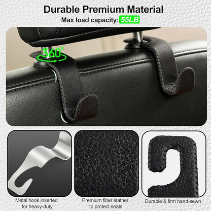 Car Seat Headrest Hook Heavy Duty 55lb Metal Hanger with Leather for Bags | Universal Vehicle Seat Back Organizer, Ergonomic Design, Hang Groceries Handbag Backpack Water Bottle, 2 Pack Black - Image 2