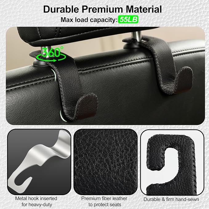 Car Seat Headrest Hook Heavy Duty 55lb Metal Hanger with Leather for Bags | Universal Vehicle Seat Back Organizer, Ergonomic Design, Hang Groceries Handbag Backpack Water Bottle, 4 Pack Black - Image 2