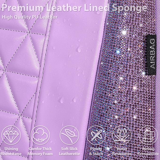 CAR PASS Light Purple Bling Diamond Leather Car Seat Covers Full Sets, Waterproof Shining Glitter Sparkly Crystal Universal Armrest Fit for Automotive Truck SUV Cute Women Girl,Lavender Rhinestone - Image 5
