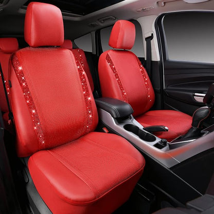 CAR PASS Bling Diamond Car Seat Covers Full Set, Shining Rhinestone Waterproof Faux Leather, Rear with Zipper, Universal Fit Automotive Glitter Crystal Sparkle Strips for Cute Women Girl, Red - Image 2