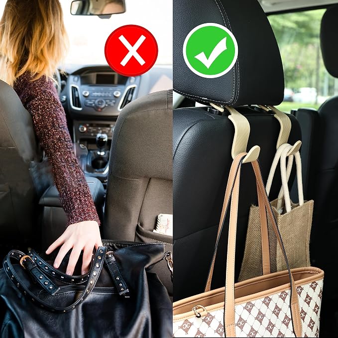 Car Seat Hooks 4 Pack - 55lb Heavy Duty Headrest Hanger, Beige | Universal fit for most cars SUVs,Hang purses handbags coats umbrellas grocery bags,ABS plastic,Easy Installation - Image 3