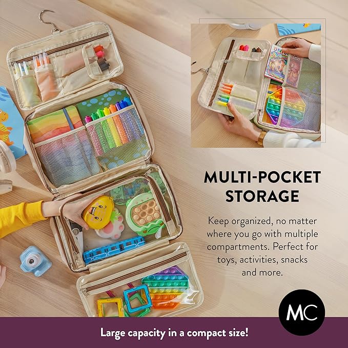 Kids Travel Organizer – Multi-Compartment, Water-Resistant Hanging Bag for Toys, Snacks, & Activities - Compact, Lightweight Design with Hook & Carry Handle - Perfect for Travel Use (Beige, Large) - Image 4
