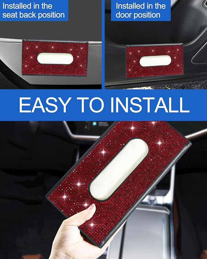 Bling Car Sun Visor Tissue Box Holder, PU Leather Car Napkin Holder, Red | Car Tissue Holder, PU Leather, with Crystal Rhinestones, Backseat Napkin Case, auto interior Accessories, for Women - Image 3