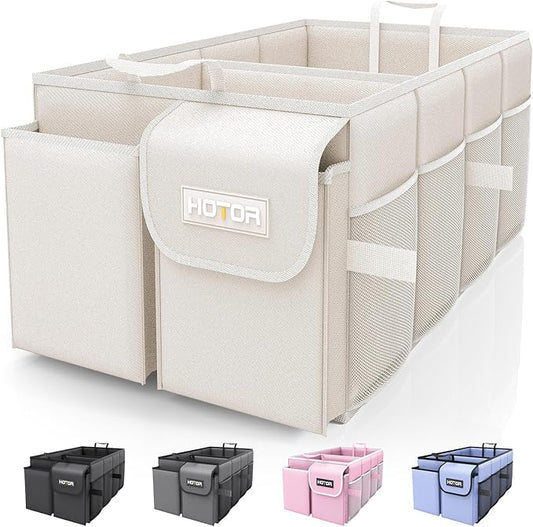 HOTOR Trunk Organizer - Foldable Car Organizer for SUVs & Sedans Storage | Sturdy Car Organization for Men & Women, Car Accessories, Tools, Sundries, Beige, 2 Compartments, 21.3" x 12.6" x 10.6" by HOTOR