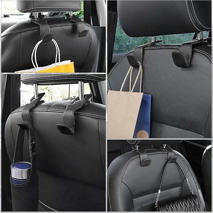 LivTee Headrest Hook for Car, Back Seat Organizer Black Leather Hanger Holder Hook, Interior Car Accessories for Hanging Purses Bags Coats, 4 Pack - Image 6