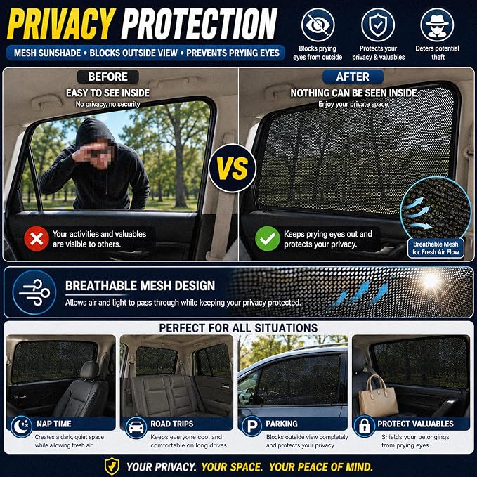 Magnetic Mesh Car Window Shades, UV Protection, 2 Pack | 90% UV Block | Breathable Mesh | Privacy with Visibility | Magnetic Installation - Image 7