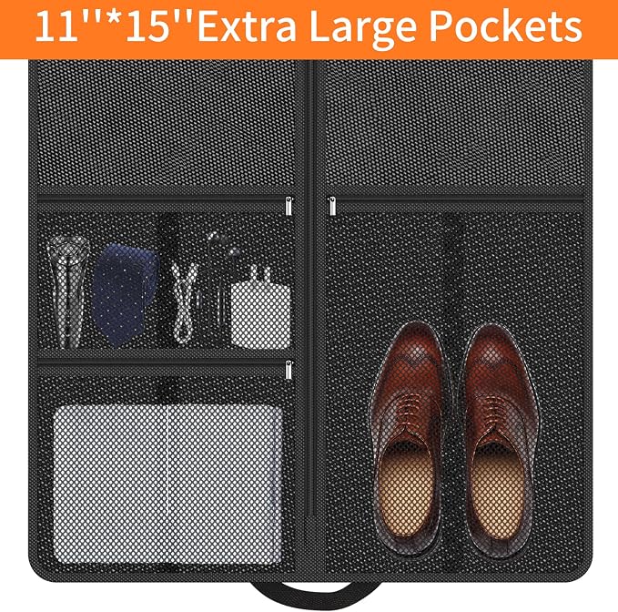 Suit Garment Clothes Travel Bag: 54 inch Lightweight Foldable Black Short Fabric Breathable - Hanging Storage Cover Pockets Zipper for Men - Wardrobe Carry Coat Jacket Uniform Tuxedo Shirt - Image 3