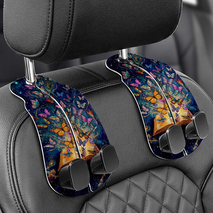 WOCOCN Purse Holder for Car, 2 Pack Heavy Duty Purse Hanger, Butterfly | PU Leather Car Seat Hooks for Purses and Bags, Cute Floral Headrest Organizer for Handbags & Backpacks by WOCOCN