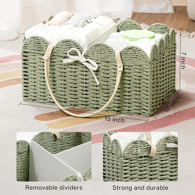 Angelhood Paper Rope Diaper Caddy, Scalloped Baskets with Removable Divider | Woven Floral Baby Diaper Organizer for Changing Table,Baby Shower Gifts,Portable Car Organizer for Diapers - Image 2