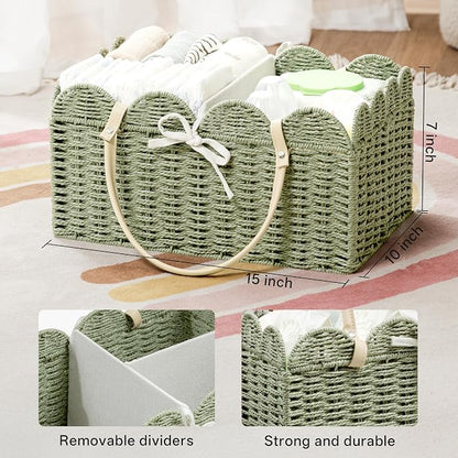 Angelhood Paper Rope Diaper Caddy, Scalloped Baskets with Removable Divider | Woven Floral Baby Diaper Organizer for Changing Table,Baby Shower Gifts,Portable Car Organizer for Diapers - Image 2