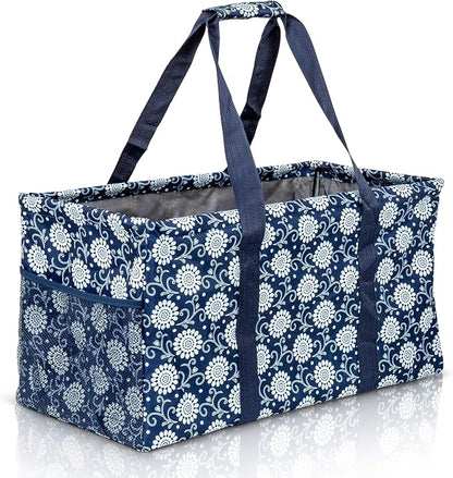 Extra Large Utility Tote Bag - Oversized Collapsible Reusable Wire Frame Rectangular Canvas Basket With Two Exterior Pockets For Beach, Pool, Laundry, Car Trunk, Storage - Navy Sunflower by Lucazzi