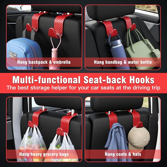 4-Pack Car Headrest Hooks Holds 55lbs Seat Storage Organizer for Bags | Durable ABS Material, 360° Rotating, Car Hanger for Backpack Umbrella Water Bottle Coat Handbags Groceries, Checkered Red - Image 4