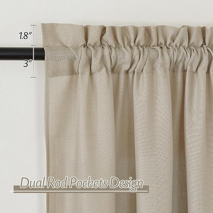 RYB HOME Linen Sheer Curtains 2 Panels for Living Room, Semi Transparent Privacy Drapes with Rod Pocket Farmhouse Style Window Treatments for Bedroom, Taupe, 52" W x 120" L - Image 2