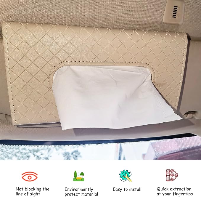 Car Sun Visor Tissue Holder, Car Napkin Holder, Premium PU Leather, Mask Holder for Sun Visor Vehicle, with Tissue Refill, Beige - Image 2