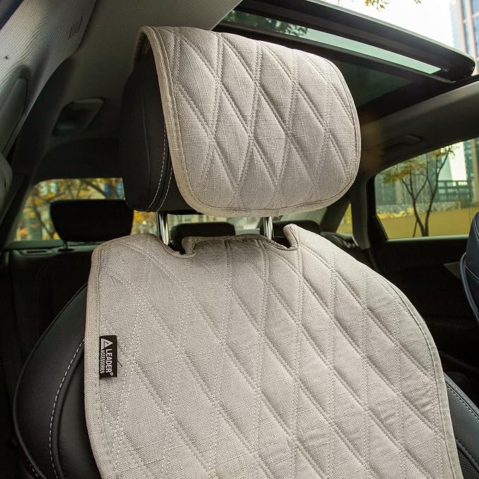Leader Accessories 2pcs Sideless Front Seat Covers for All Seasons, Beige | Breathable Faux Linen Seat Cushions, Non-Slip Bottom With Headrest Protectors, Universal Fit For Car Van SUV Pickup Truck - Image 3